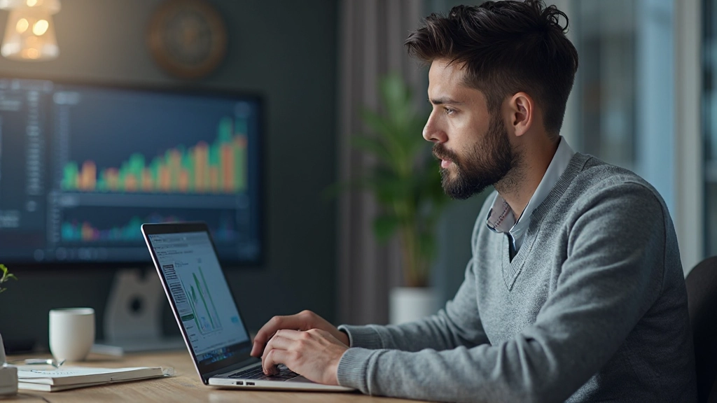 Аналитик изучает финансовые графики и таблицы на экране компьютера в офисной среде