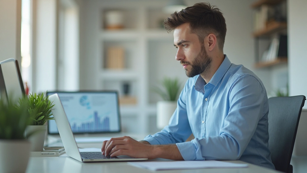 Молодой инвестор работает на ноутбуке с финансовыми графиками на экране в современном домашнем офисе