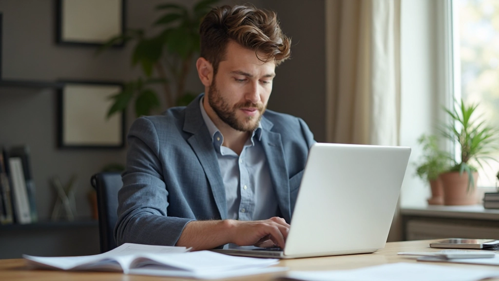 Молодой инвестор работает на ноутбуке в домашнем офисе с графиками на экране